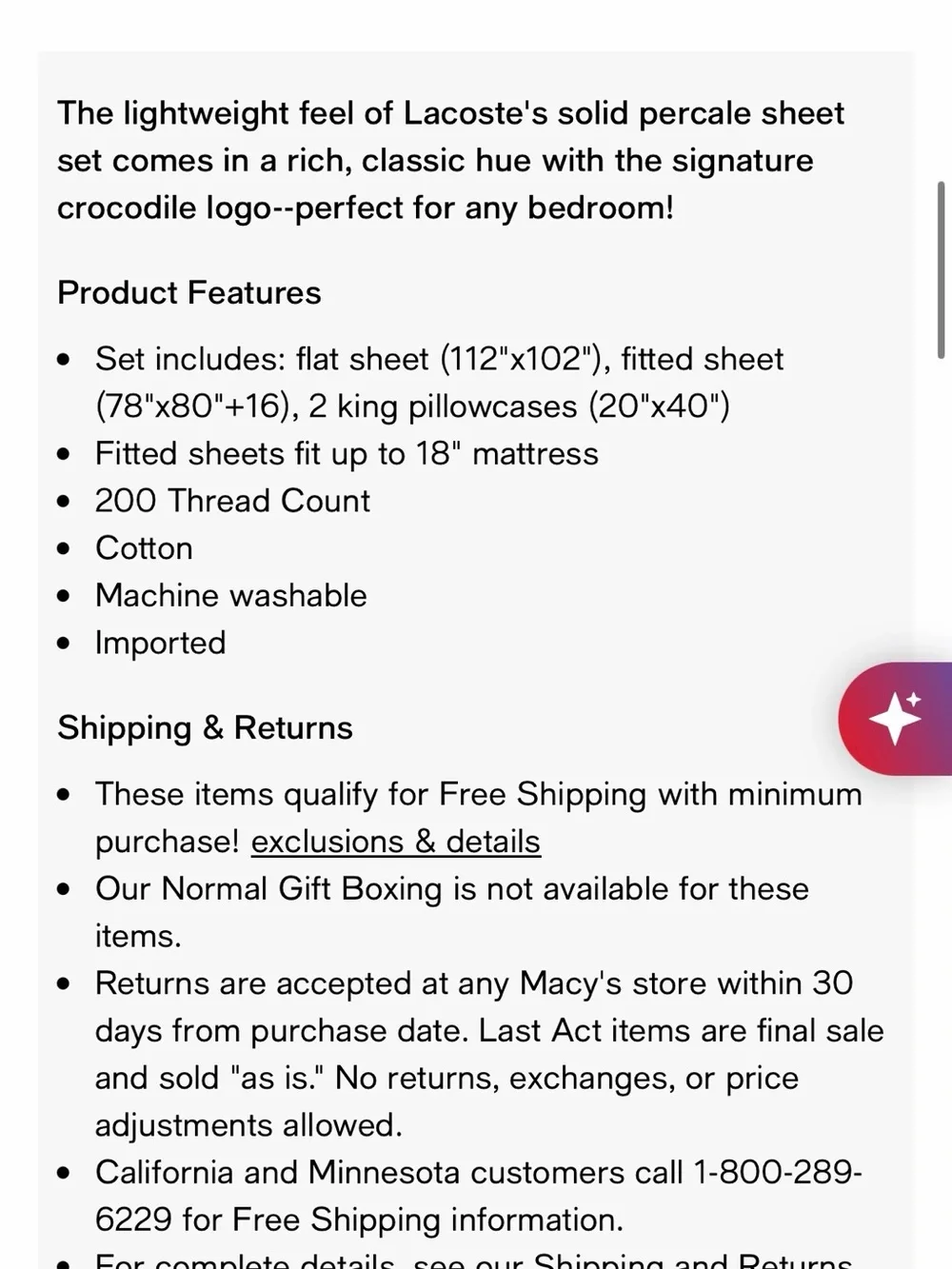 Lacoste White %100Cotton Percale 4pc Sheet Set King sheet set white